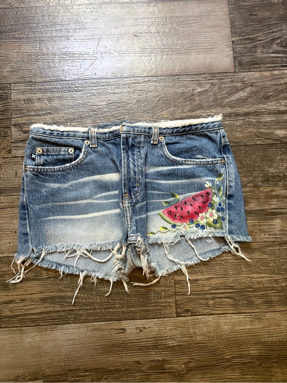 Denim Jean Shorts with Watermelon Embroidery - Blue